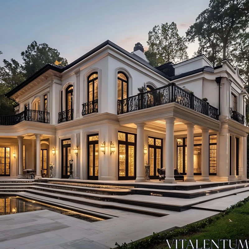 Opulent Mansion with Warm Evening Ambiance AI Image