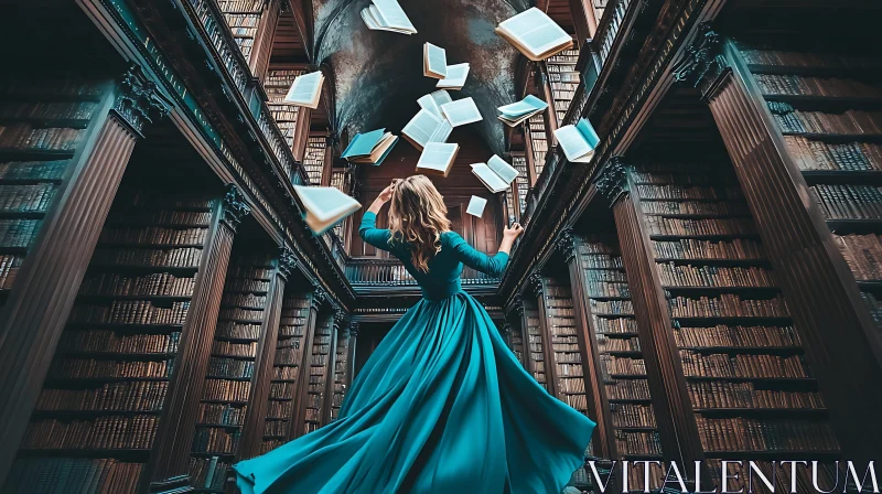 AI ART Library Scene with Woman and Floating Books