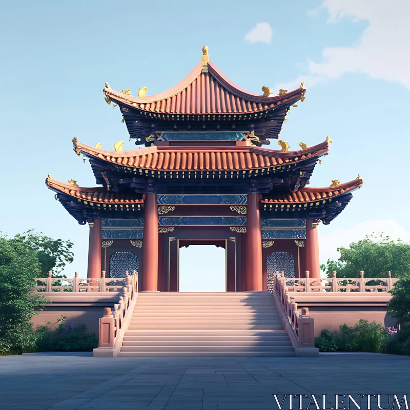 Traditional Asian Temple with Staircase AI Image