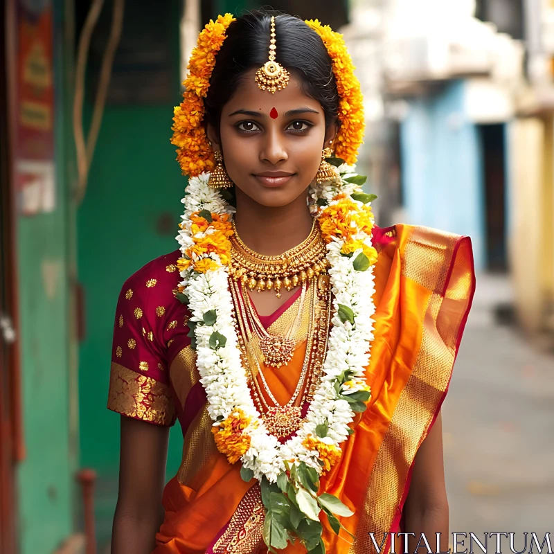 Woman in Traditional Dress with Flowers and Jewelry AI Image