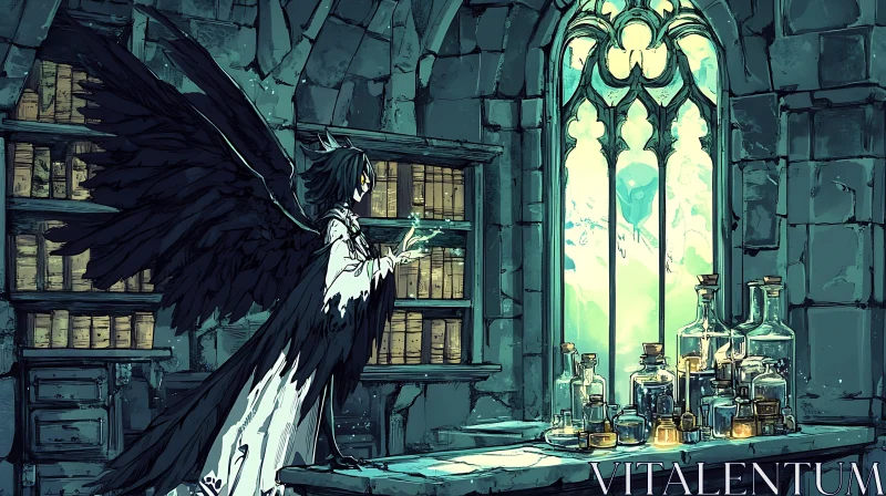 Mystical Library with Winged Character AI Image