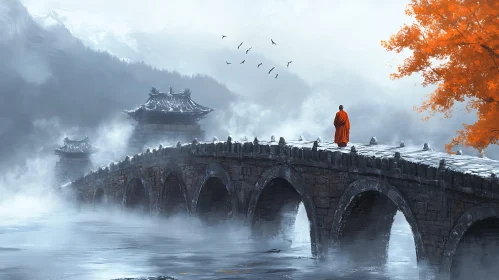 Monk Crossing Misty Bridge