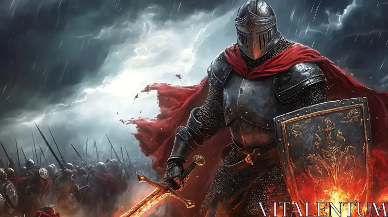 AI ART Medieval Knight with Fiery Sword