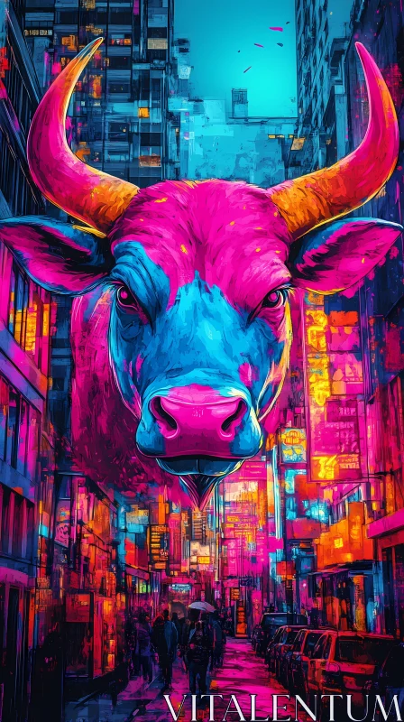 Urban Surrealism with Neon Bull AI Image