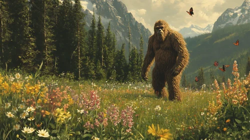 Bigfoot Roaming Wildflower Field