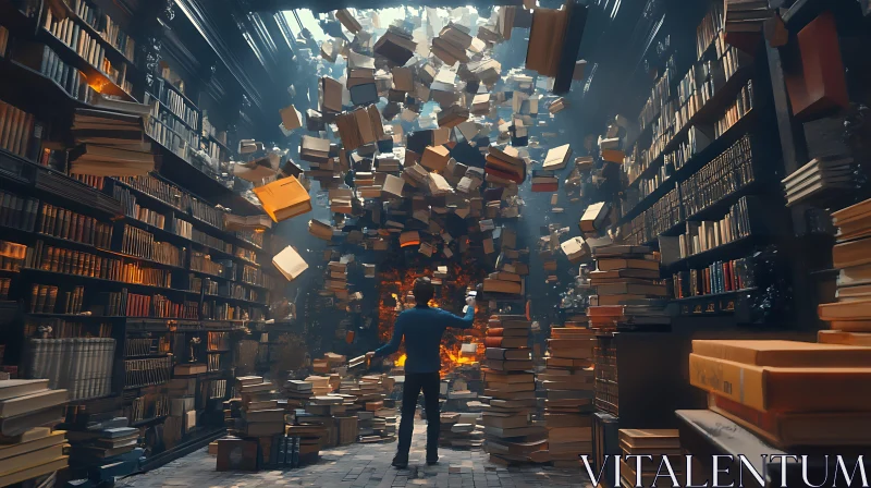 AI ART Magical Library with Flying Books