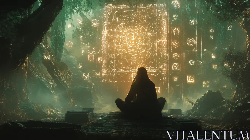 Enigmatic Seer: Meditating Before Ancient Glyphs AI Image