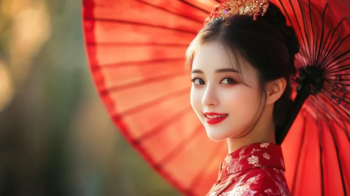 Asian Woman in Traditional Dress with Parasol