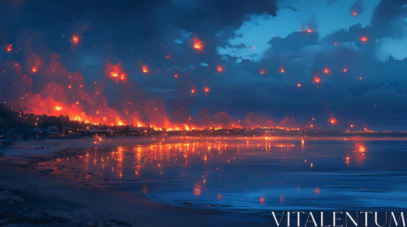 Shoreline in Flames at Night AI Image