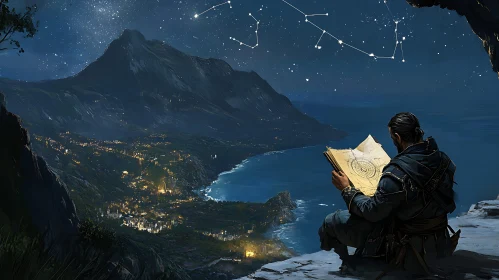 Man with Map Under Starry Sky