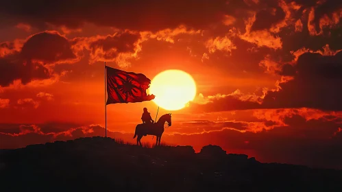 Rider with Flag at Fiery Sunset
