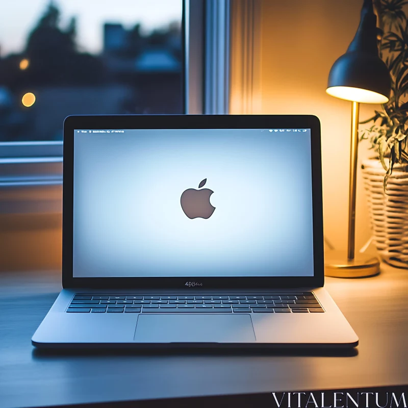 Modern Workspace with Apple Laptop and Desk Lamp AI Image