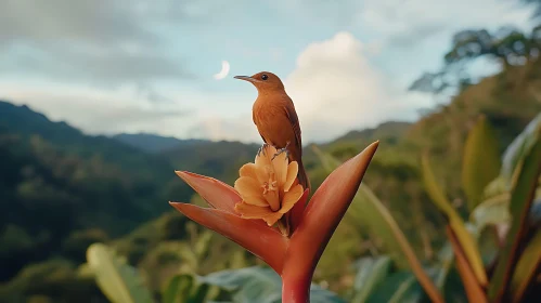 Resting Bird on Exotic Bloom