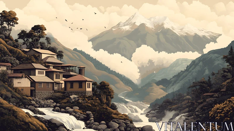 Mountain Village River Scenery AI Image