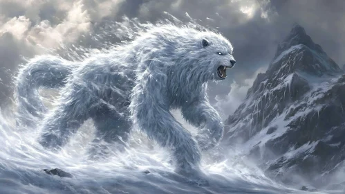 Fierce White Bear in Winter Landscape