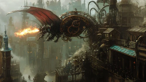 Clockwork Dragon in Steampunk Metropolis