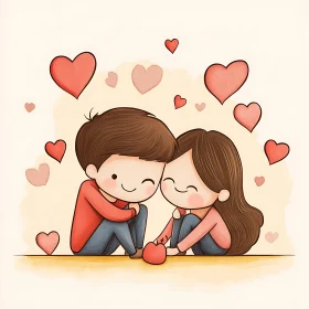 Cartoon Couple in Love with Hearts