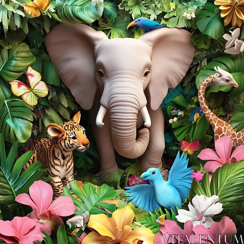 Exotic Jungle with Elephant and Tropical Animals AI Image