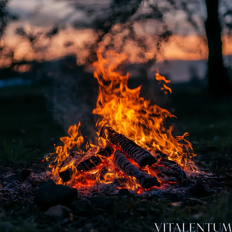 Warm Campfire in a Forest Setting at Dusk AI Image