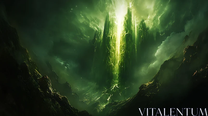 Mystical Green Mountain Illumination AI Image