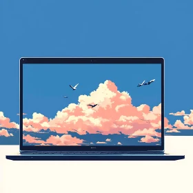 Laptop Displaying a Sky Scene with Clouds and Birds