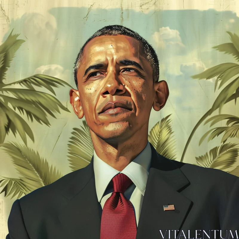 AI ART Barack Obama in Focus with Palm Trees in Background