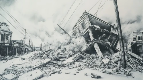 Monochrome Drawing of a Ruined City Street