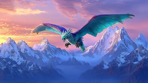 Teal Dragon Soaring Above Mountains