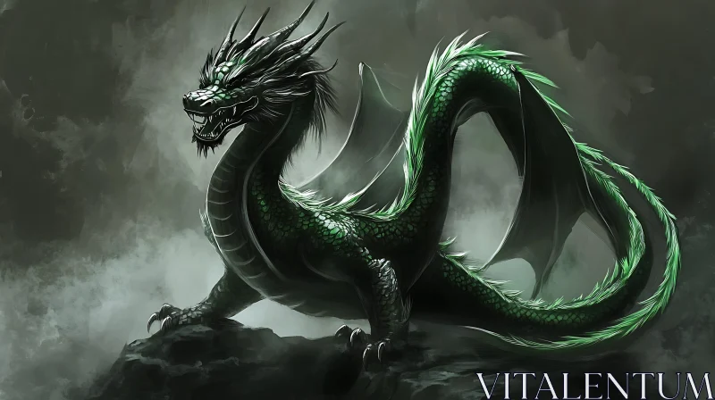 Green Dragon Perched on Rock AI Image