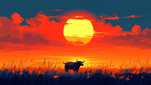 Bull at Sunset in Field