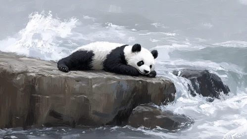 Peaceful Panda on Coastal Rocks