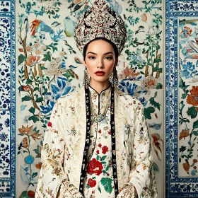 Ornate Headdress and Floral Backdrop