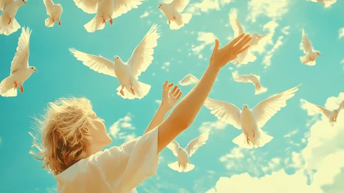 Doves Flying in Blue Sky