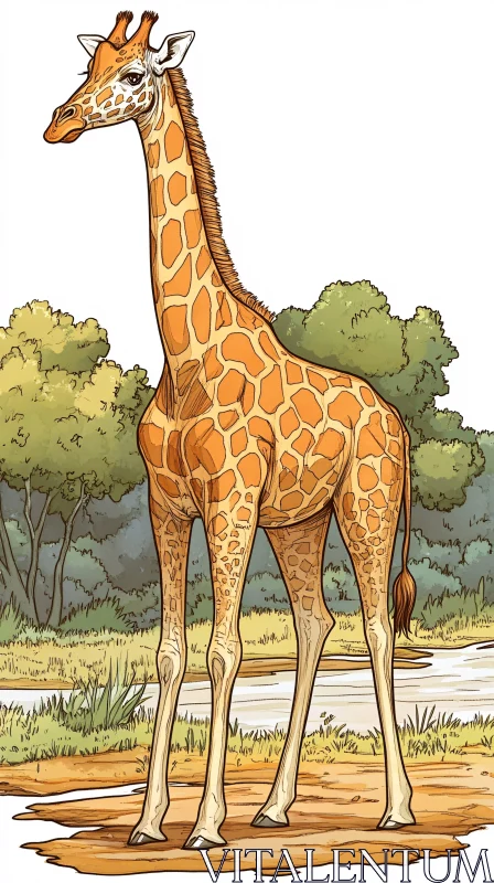 Illustrated Giraffe in Natural Habitat AI Image