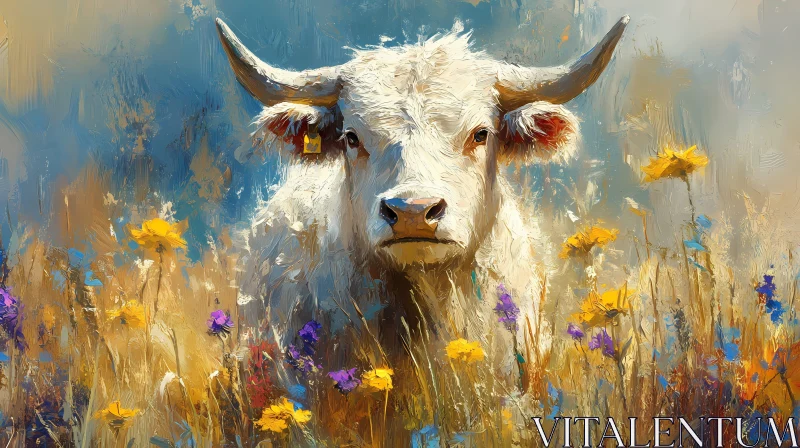 Cow Surrounded by Wildflowers AI Image