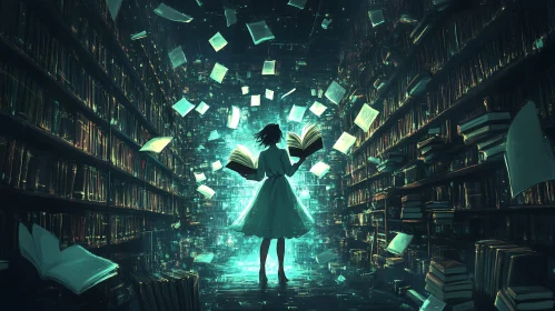 Woman Reading in Magical Library