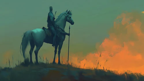 Lone Horseman Silhouette Against Fiery Sky