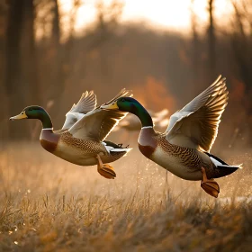 Mallards Taking Flight at Sunset