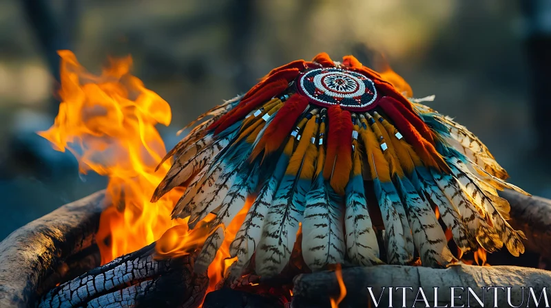 Feathered Headdress by the Fire AI Image