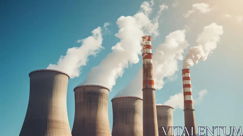 Retro Filters: Three Modern Power Plants Towers with Steam Rising AI Image