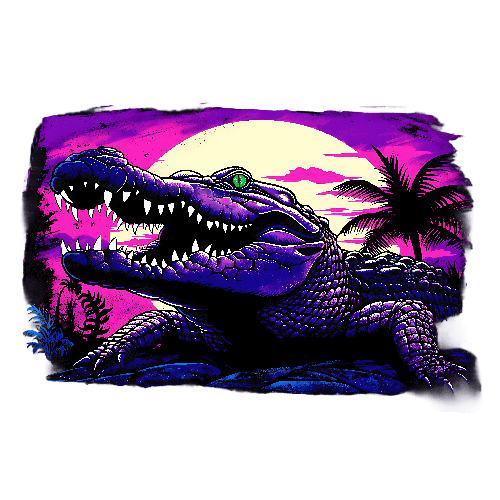 Retro-Style Blue Crocodile Illustration on Purple Backdrop POD Design