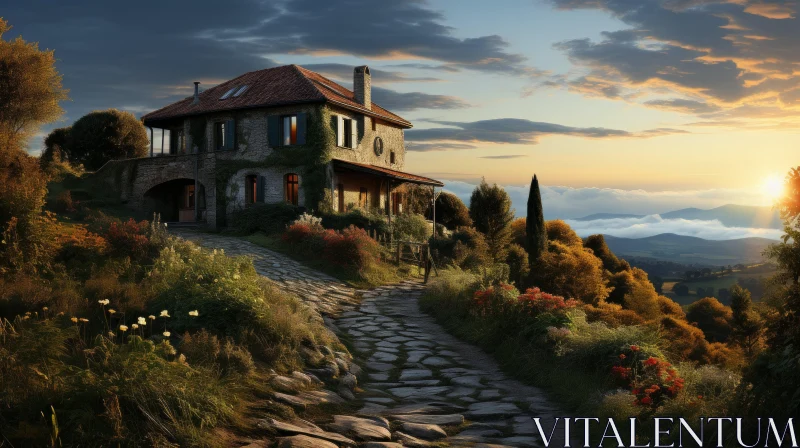 Rustic Stone House in Romantic Countryside Landscape AI Image