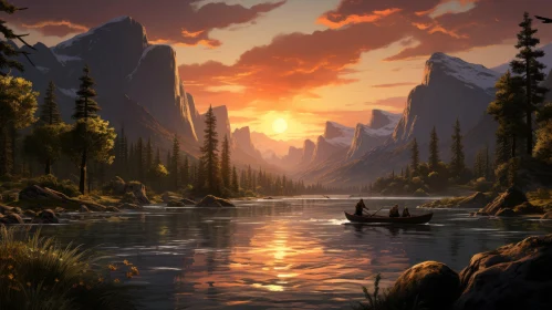 Serene Sunset Landscape by the River With Majestic Mountains