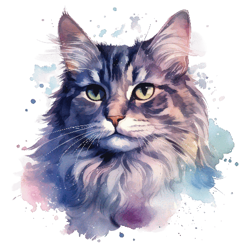 Watercolor Painting of a Maine Coon Cat with Green Eyes POD Design