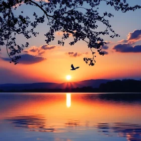 Serene Lake Sunset with Bird Silhouette