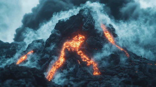 Intense Volcano Eruption with Lava Flow and Ash Clouds