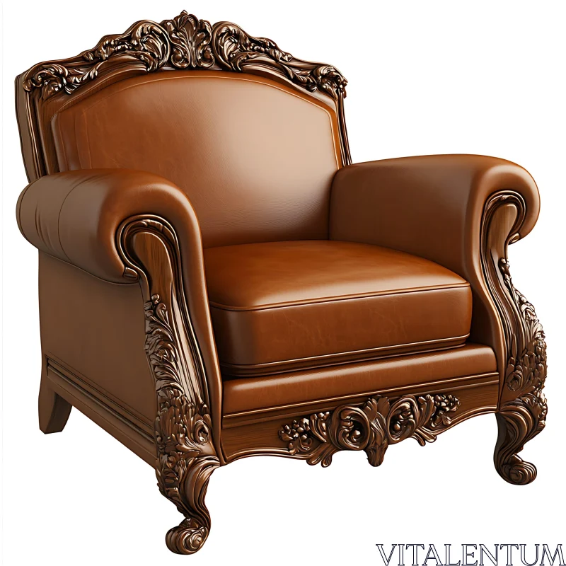 Luxurious Brown Leather Chair with Detailed Wooden Carvings AI Image