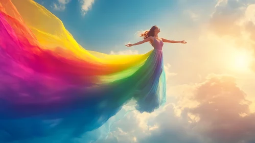 Woman in Sky with Rainbow Dress