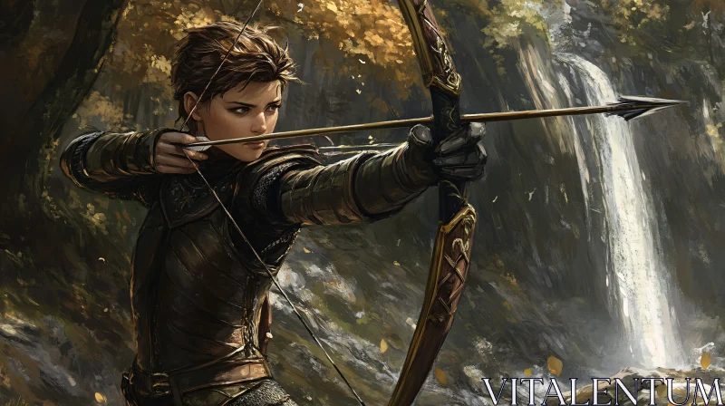 AI ART Female Archer Aiming in Woodland Scene