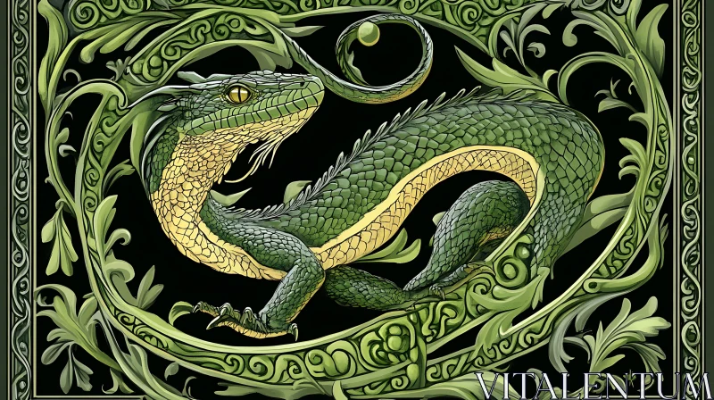 AI ART Coiled Dragon with Foliage Ornament